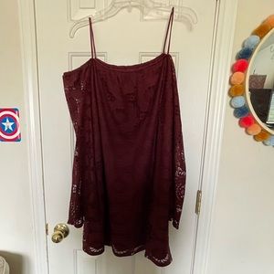 TeezeMe Burgundy Off-the-Shoulder Dress w/ Lace Overlay